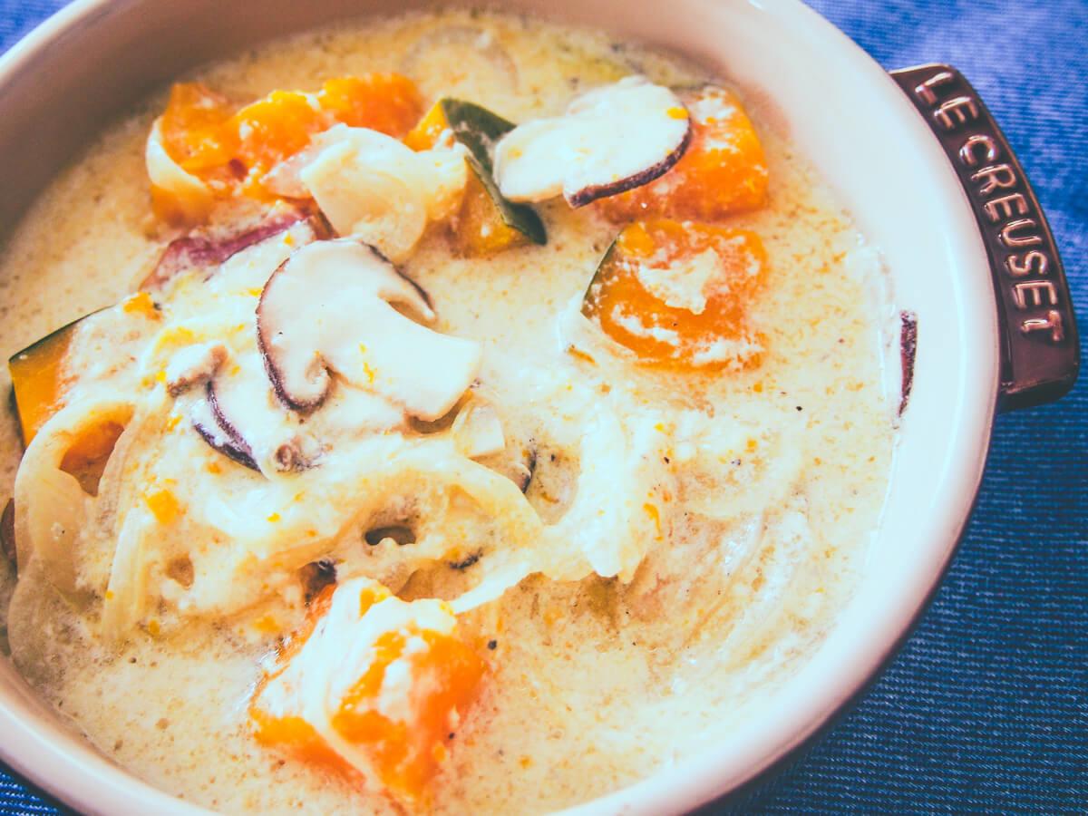 とろふわかぼちゃの豆乳スープ（アップ）：低温調理レシピ